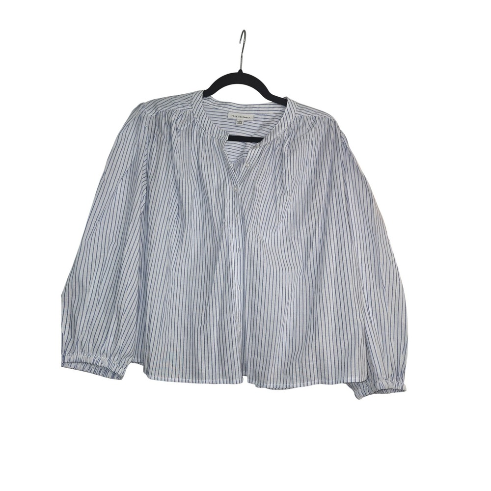 Free Assembly Blue White Striped Balloon Sleeve Cotton Blouse Top Large 12-14
